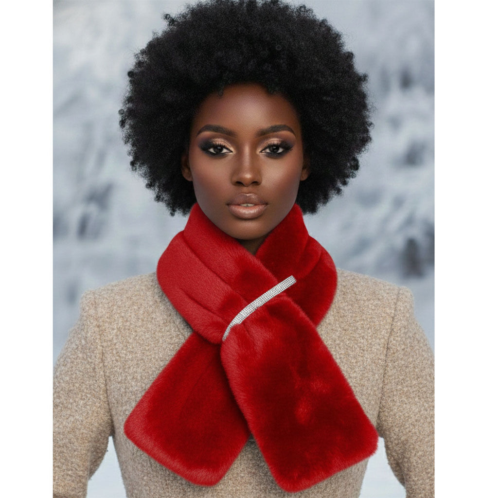 Scarf Luxe Faux Fur Red Rhinestone Pull Thru