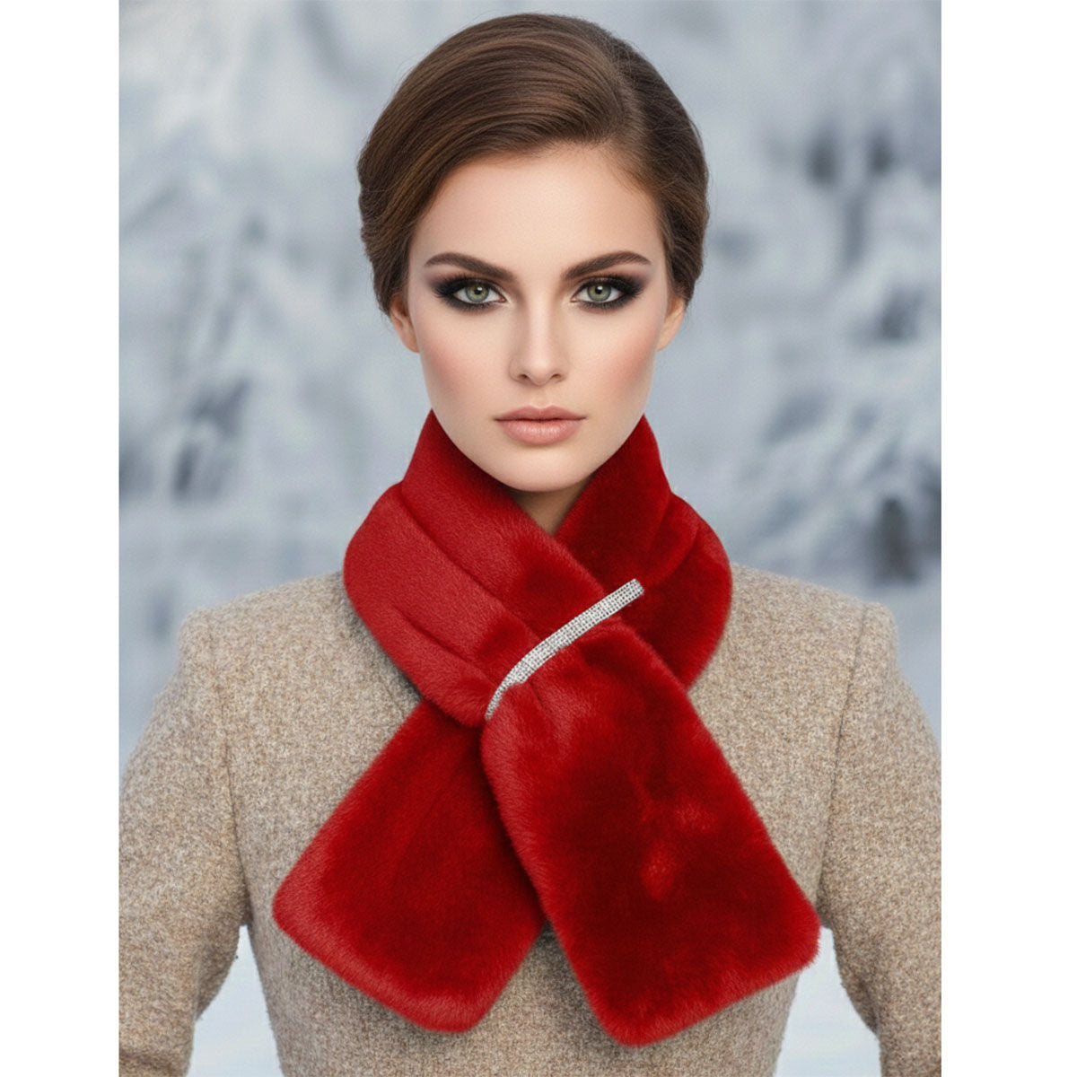 Scarf Luxe Faux Fur Red Rhinestone Pull Thru