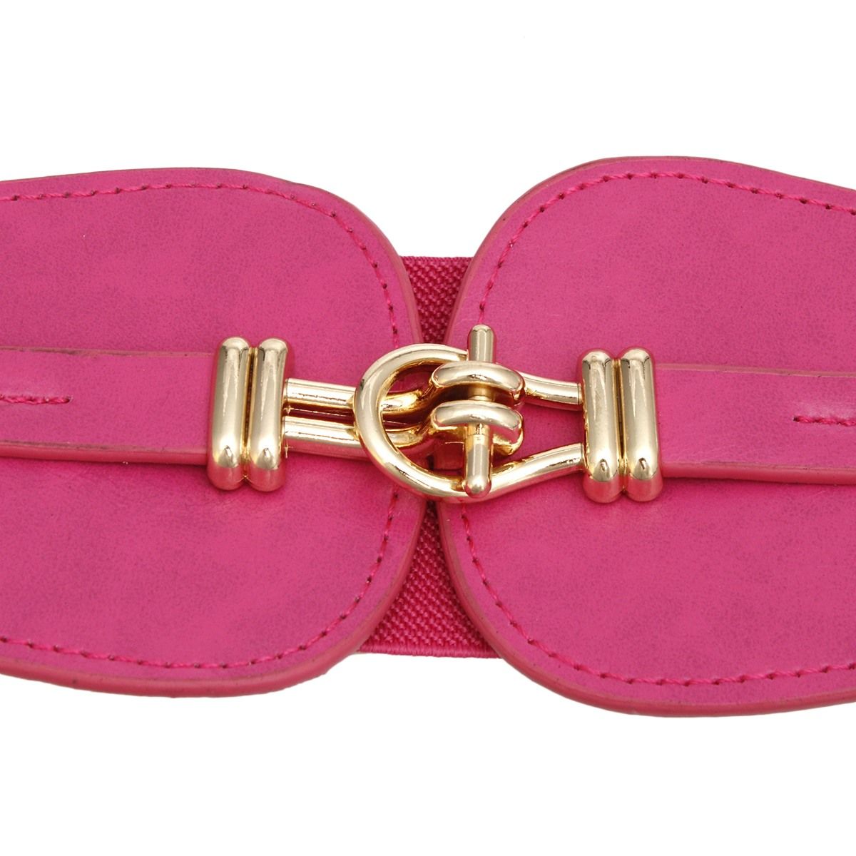 Fuchsia wide cinch stretch belt gold toggle closure detail side view