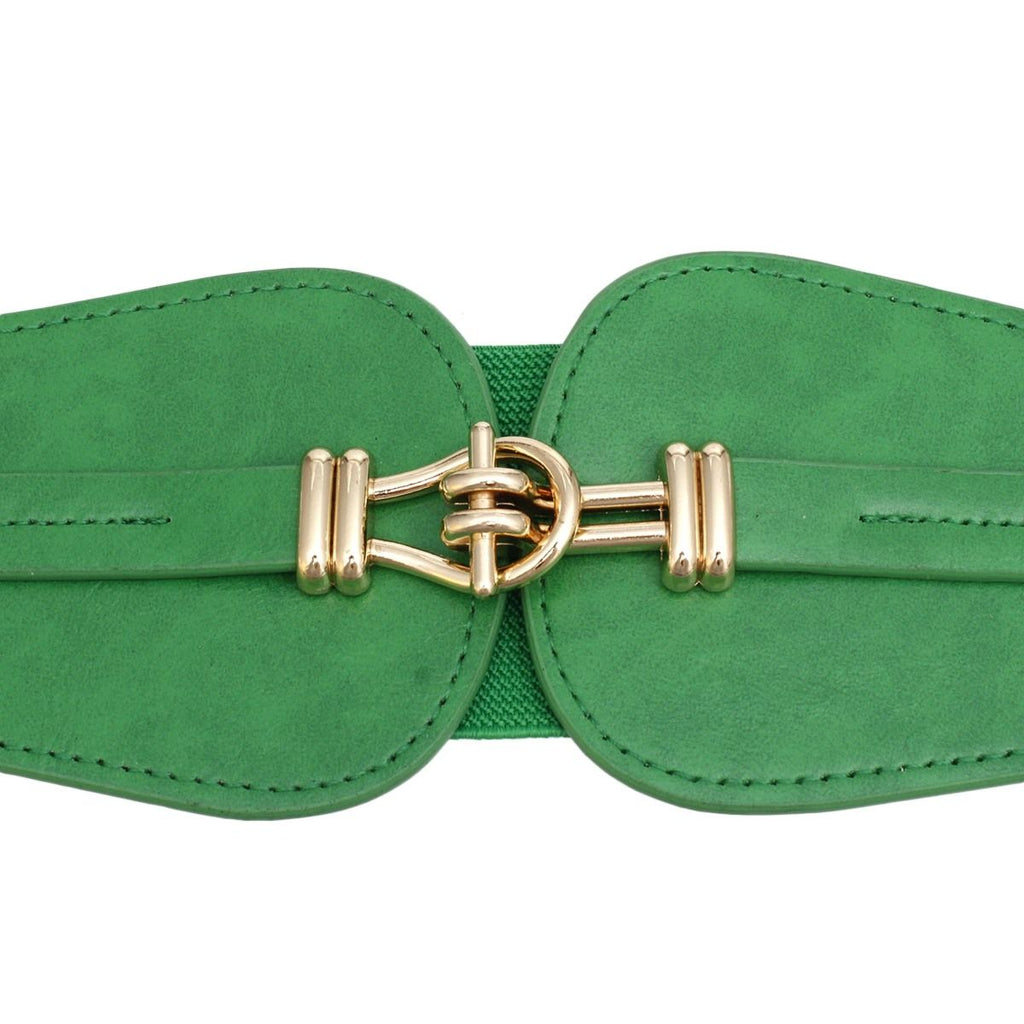 Green wide cinch stretch belt gold toggle closure detail side view