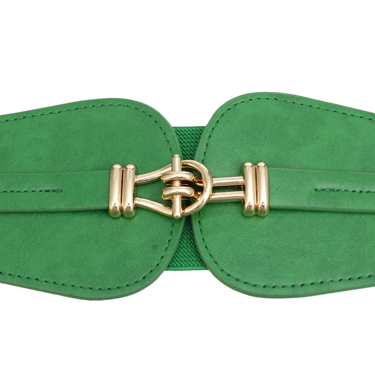 Green wide cinch stretch belt gold toggle closure detail side view