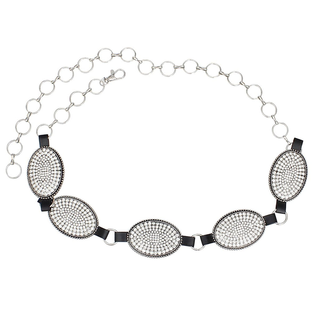 Western Belt Oval Rhinestone Cowboy Silver Chain