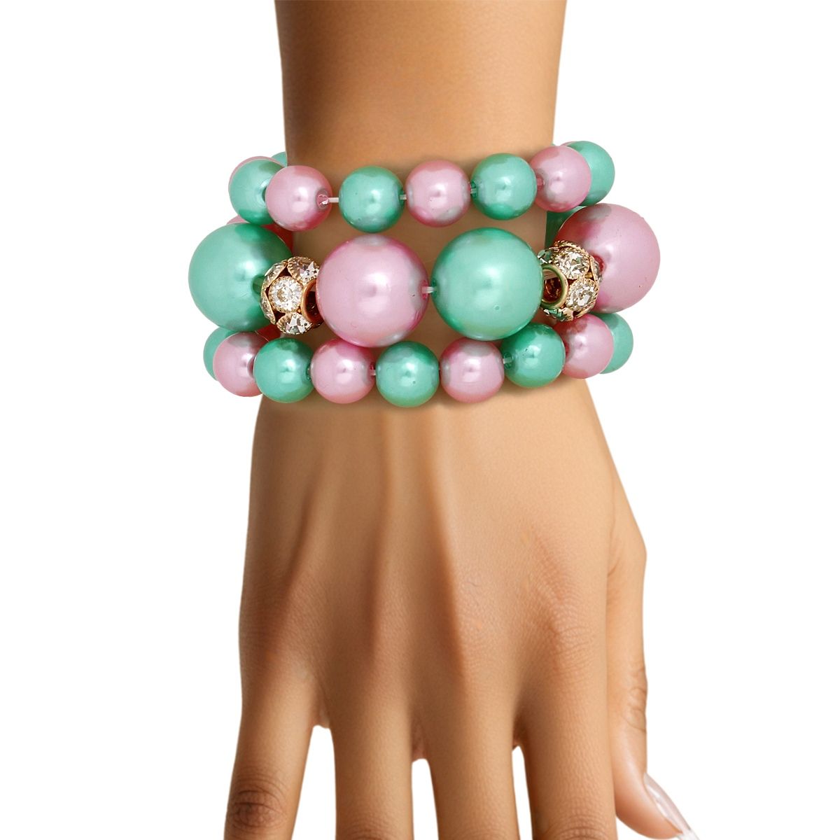 Pink green chunky pearl 3-piece bracelet set statement stacking women jewelry