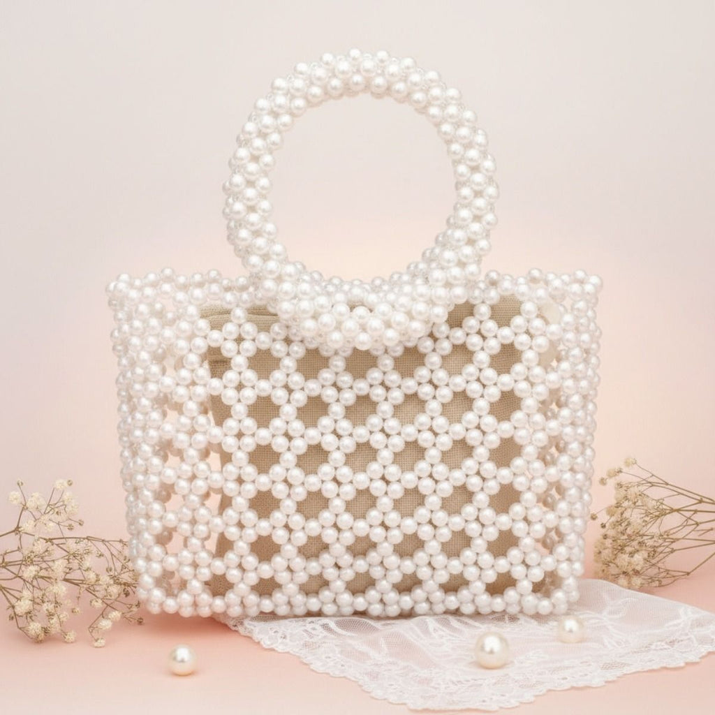 Top Handle Square Cream Pearl Woven Handbag
