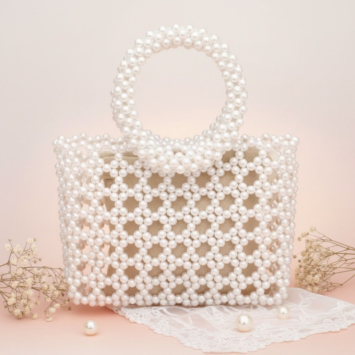 Top Handle Square Cream Pearl Woven Handbag
