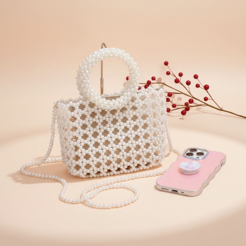 Top Handle Square Cream Pearl Woven Handbag