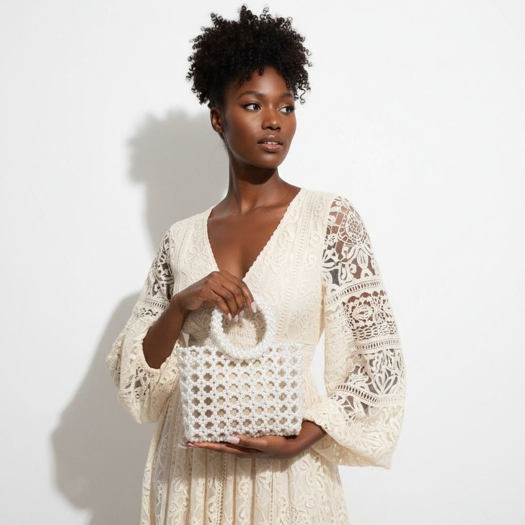 Top Handle Square White Pearl Woven Handbag