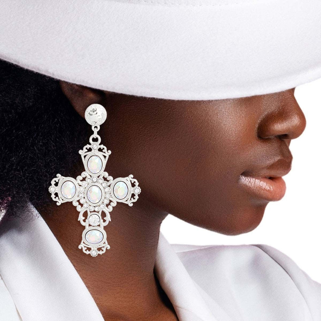 Silver AURBO fancy cross earrings elegant faith statement drop jewelry women