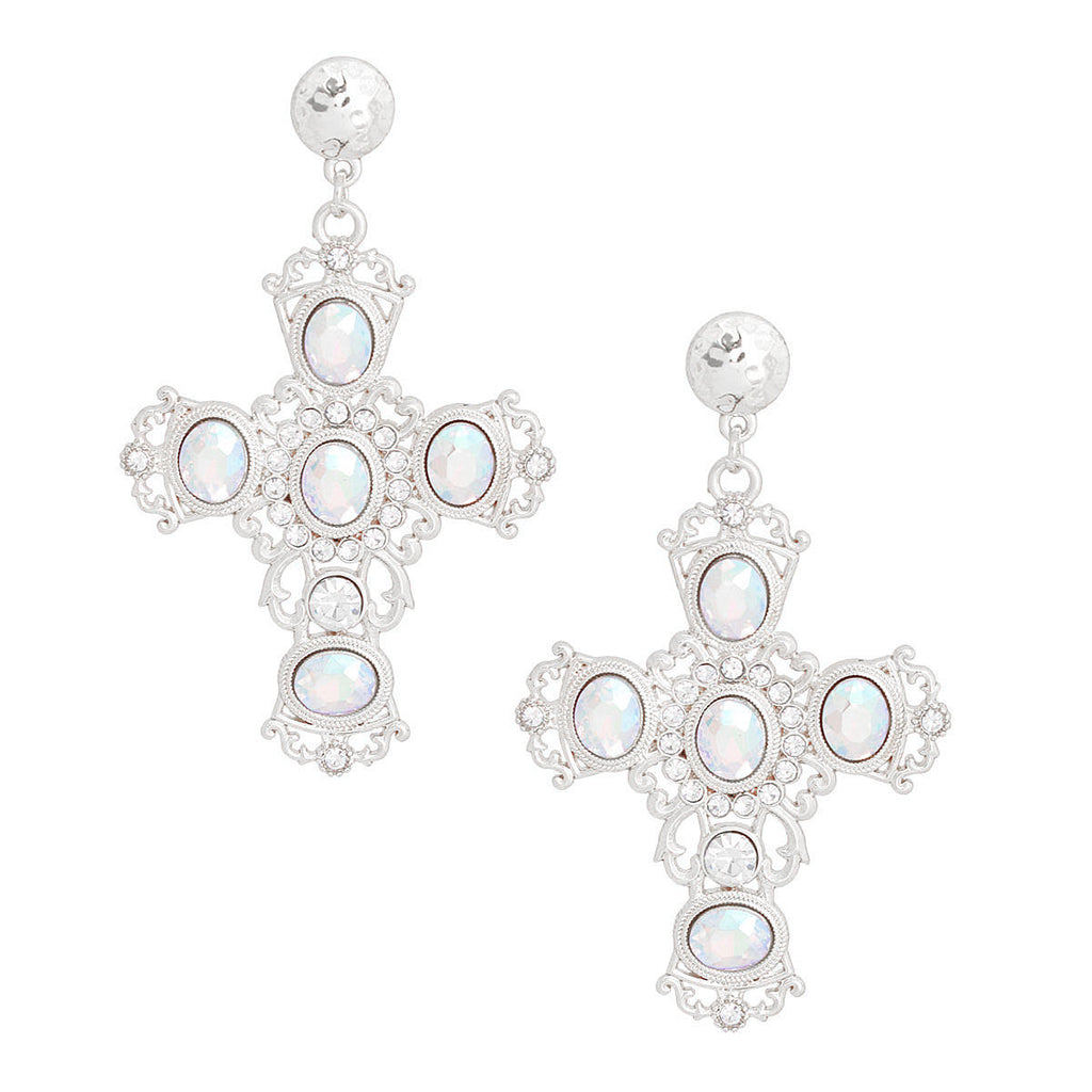 Silver AURBO fancy cross drop earrings intricate cross detail close up