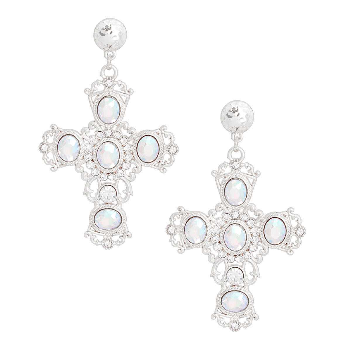 Silver AURBO fancy cross drop earrings intricate cross detail close up