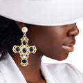 Gold black fancy cross earrings bold faith statement drop jewelry women