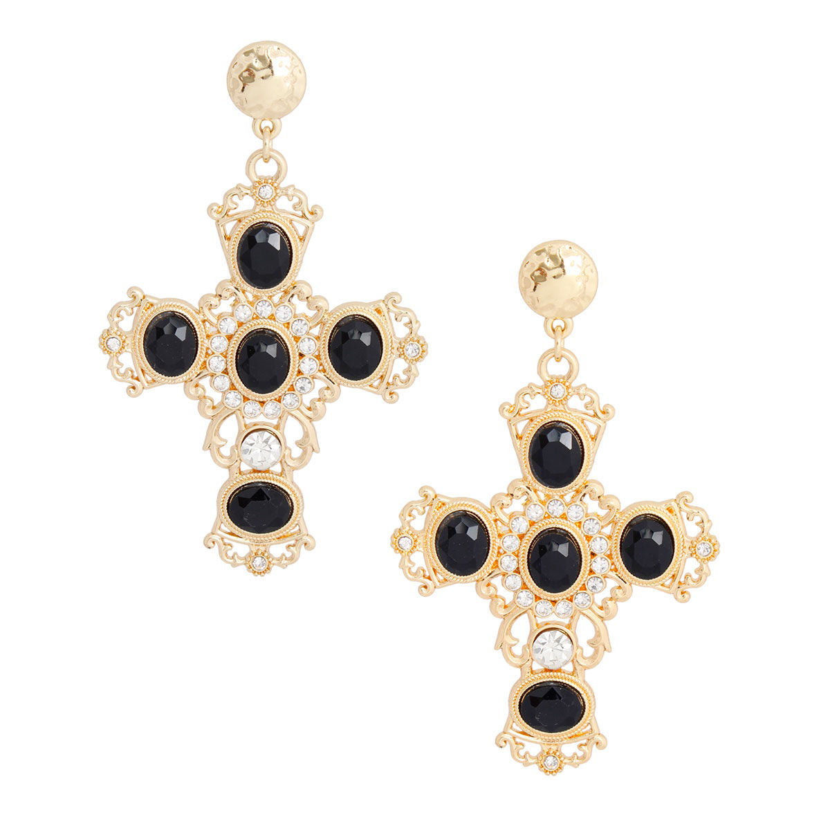 Gold black fancy cross drop earrings intricate gold black detail close up
