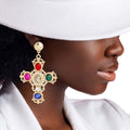 Gold multi fancy cross earrings bold faith statement drop jewelry women