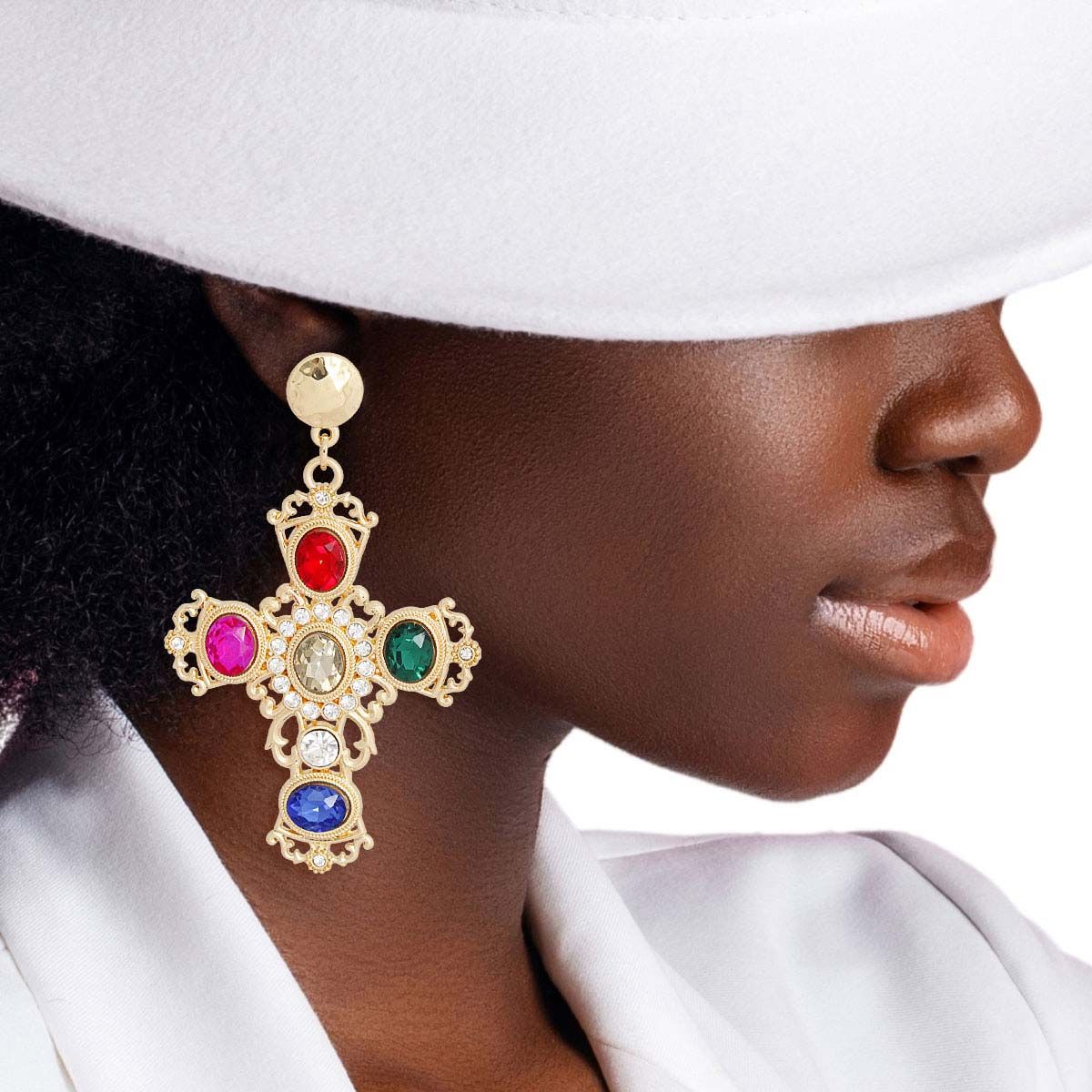 Gold multi fancy cross earrings bold faith statement drop jewelry women