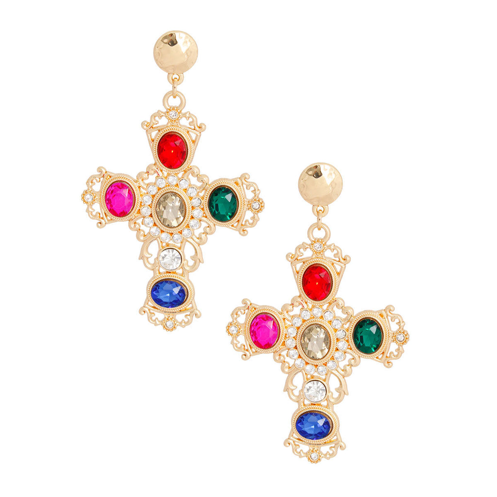 Gold multi fancy cross drop earrings intricate cross detail close up