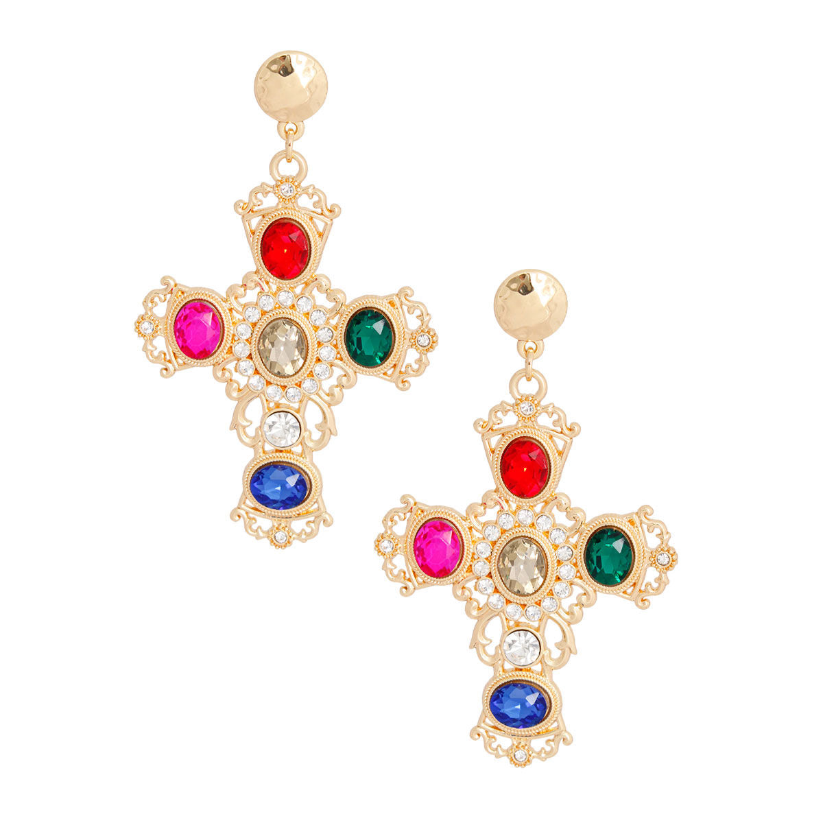 Gold multi fancy cross drop earrings intricate cross detail close up