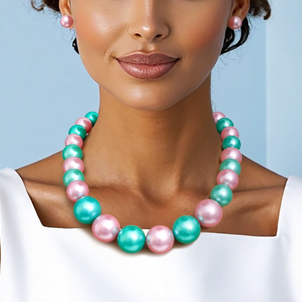 Pink green single strand chunky pearl necklace bold acrylic statement jewelry