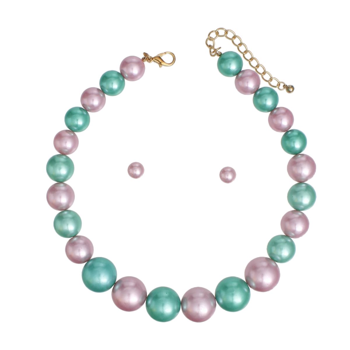 Pink green chunky single strand pearl necklace large pearl detail close up