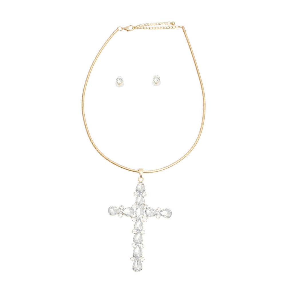 Gold crystal cross pendant necklace front view elegant worn on neck