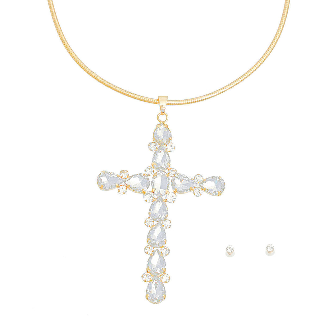 Gold teardrop crystal cross necklace crystal cross pendant detail close up