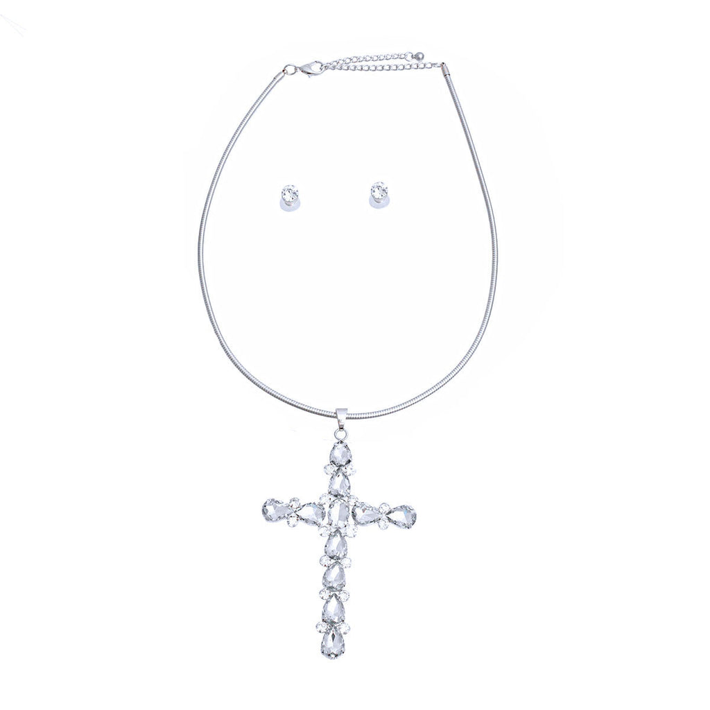 Silver crystal cross pendant necklace front view elegant worn on neck