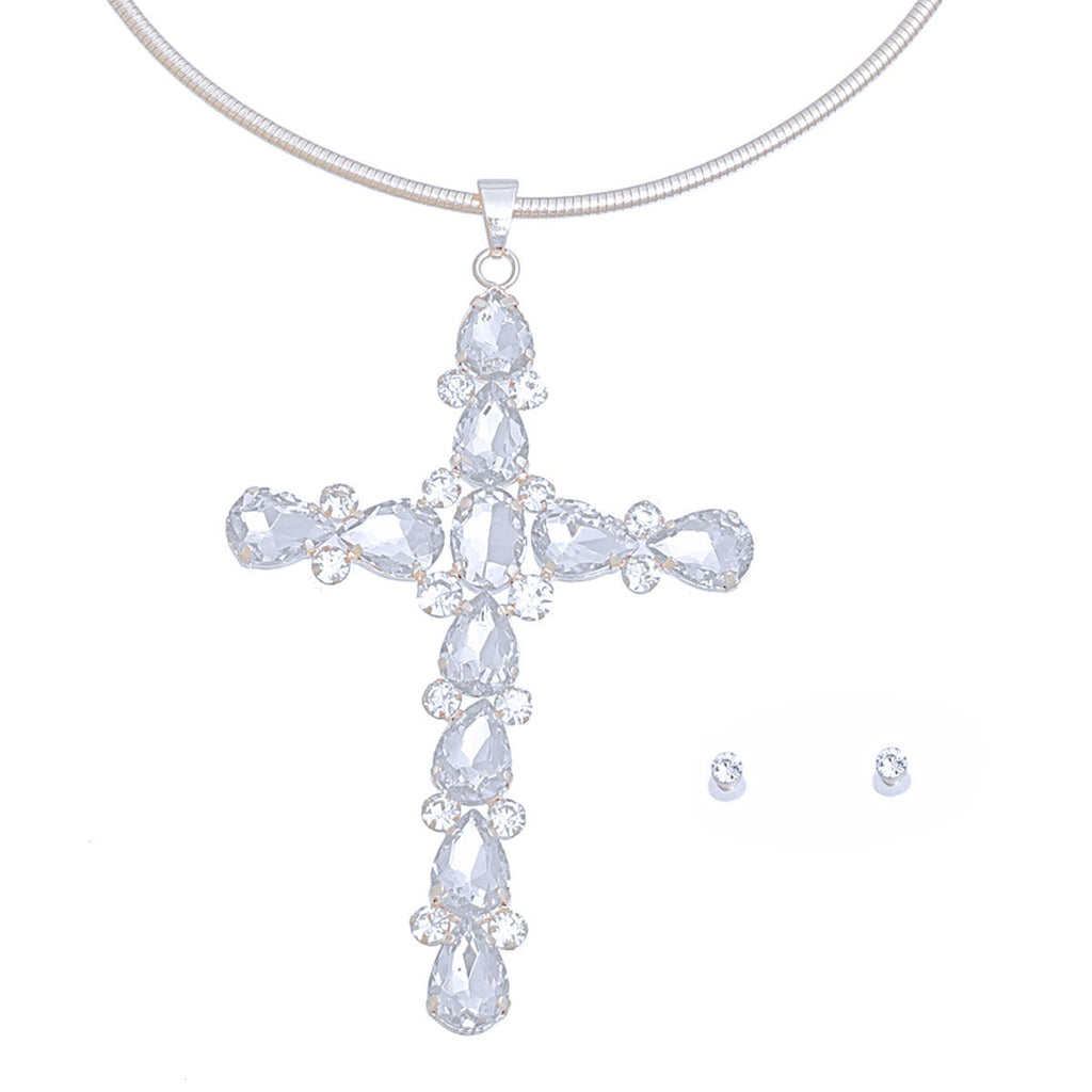Silver teardrop crystal cross necklace crystal cross pendant detail close up