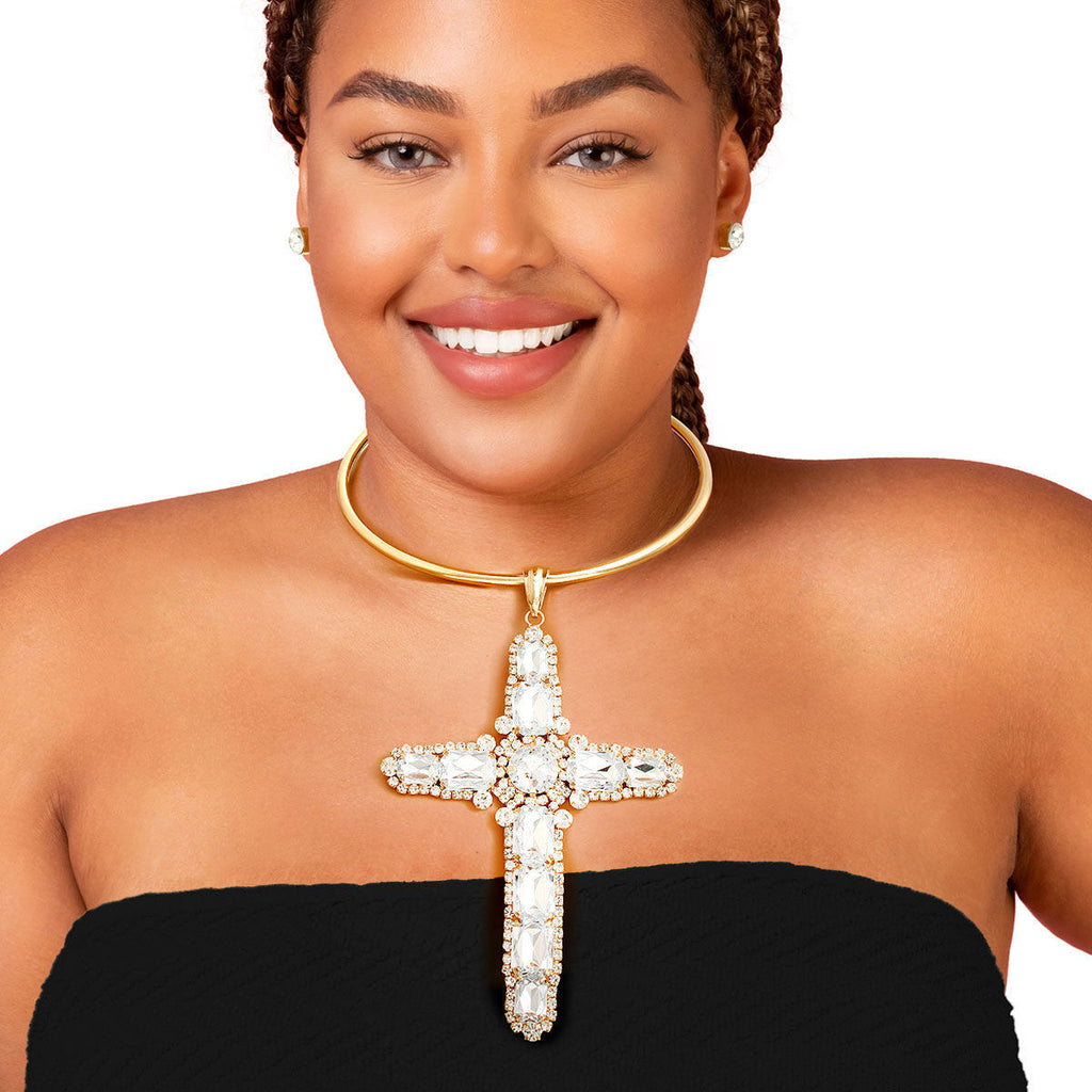 Rigid gold halo cross necklace collar statement faith jewelry women