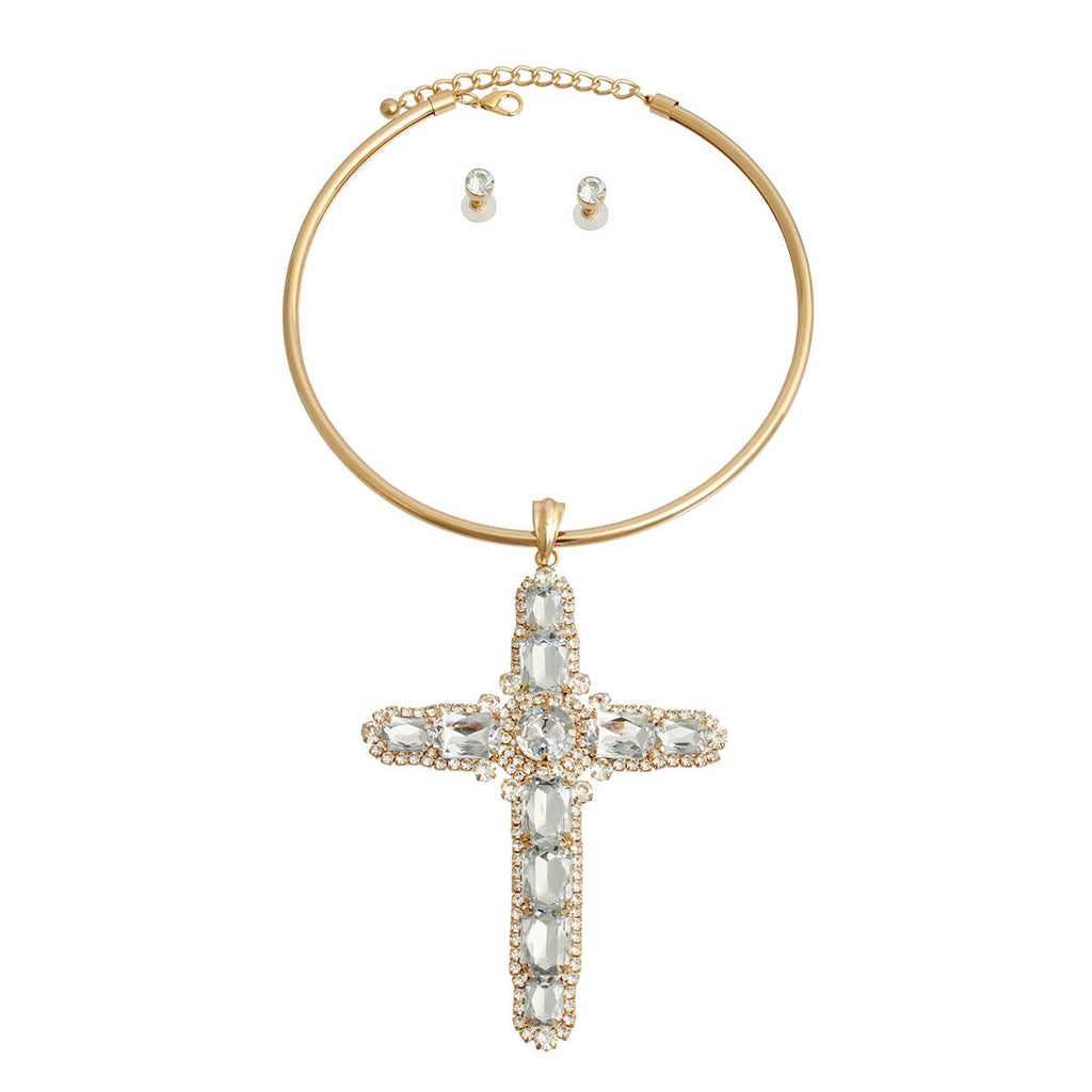 Gold halo cross rigid collar necklace cross halo detail close up