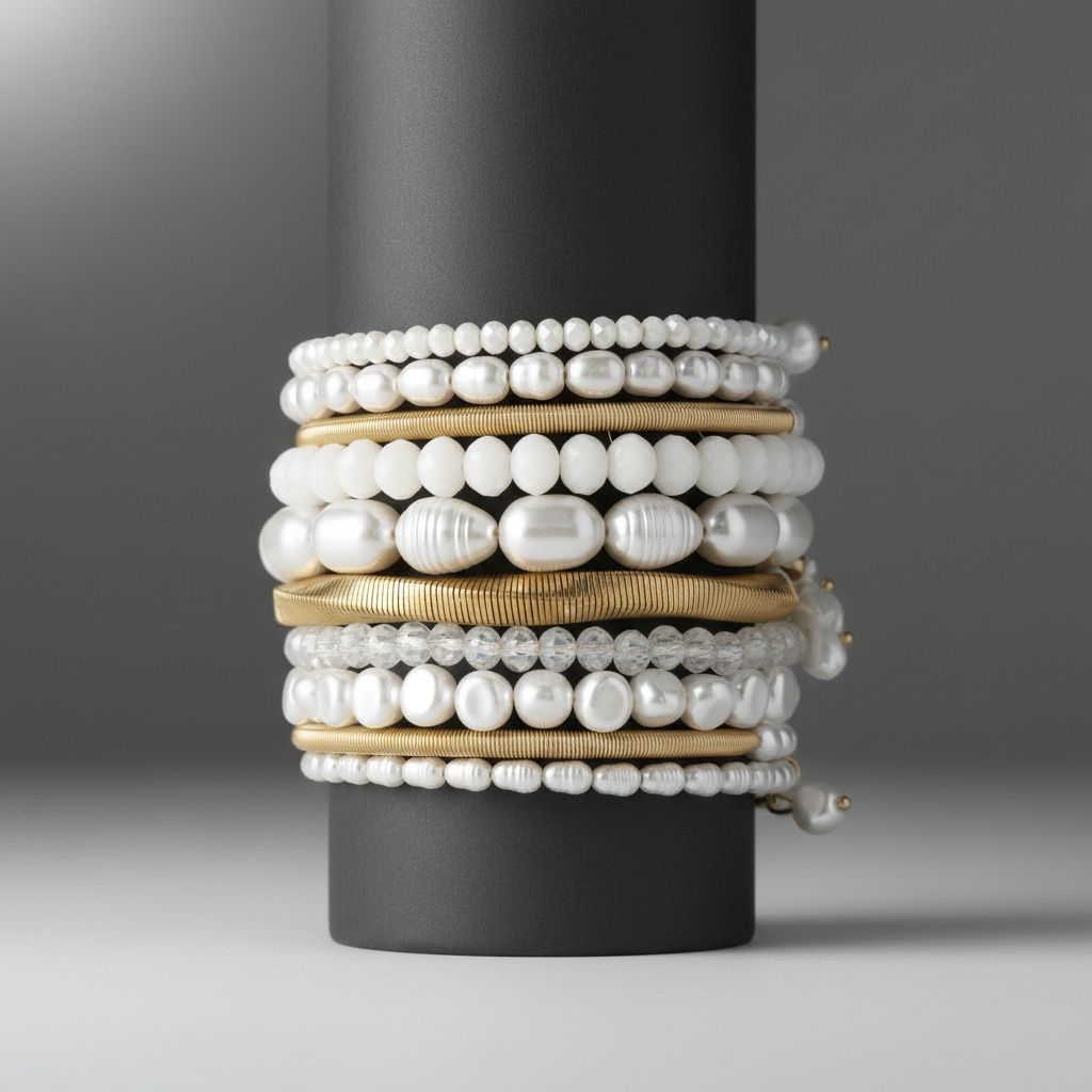 Gold Memory Wire Wrap Faux Natural Pearl Bracelet