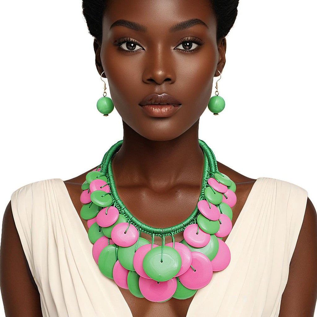 Pink green dramatic long cord disc necklace set chunky bold statement jewelry