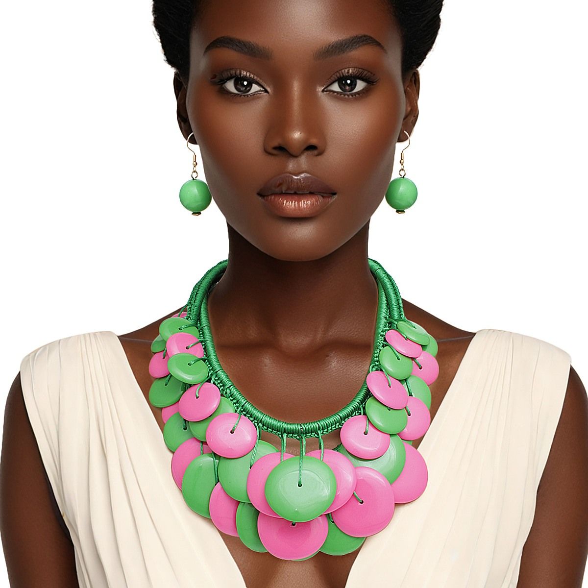 Pink green dramatic long cord disc necklace set chunky bold statement jewelry