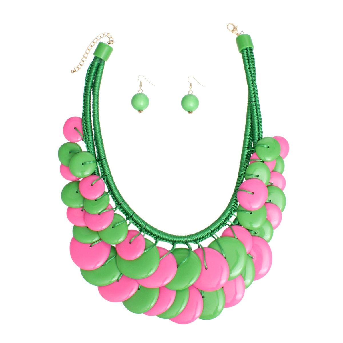 Pink green long cord disc necklace chunky disc detail close up braided