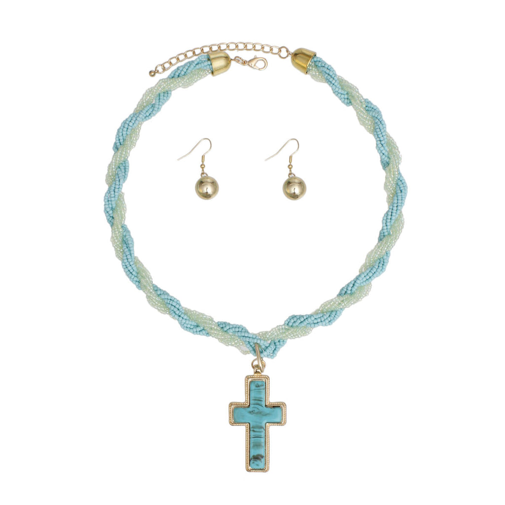 Vintage turquoise cross pendant necklace front view boho worn on neck
