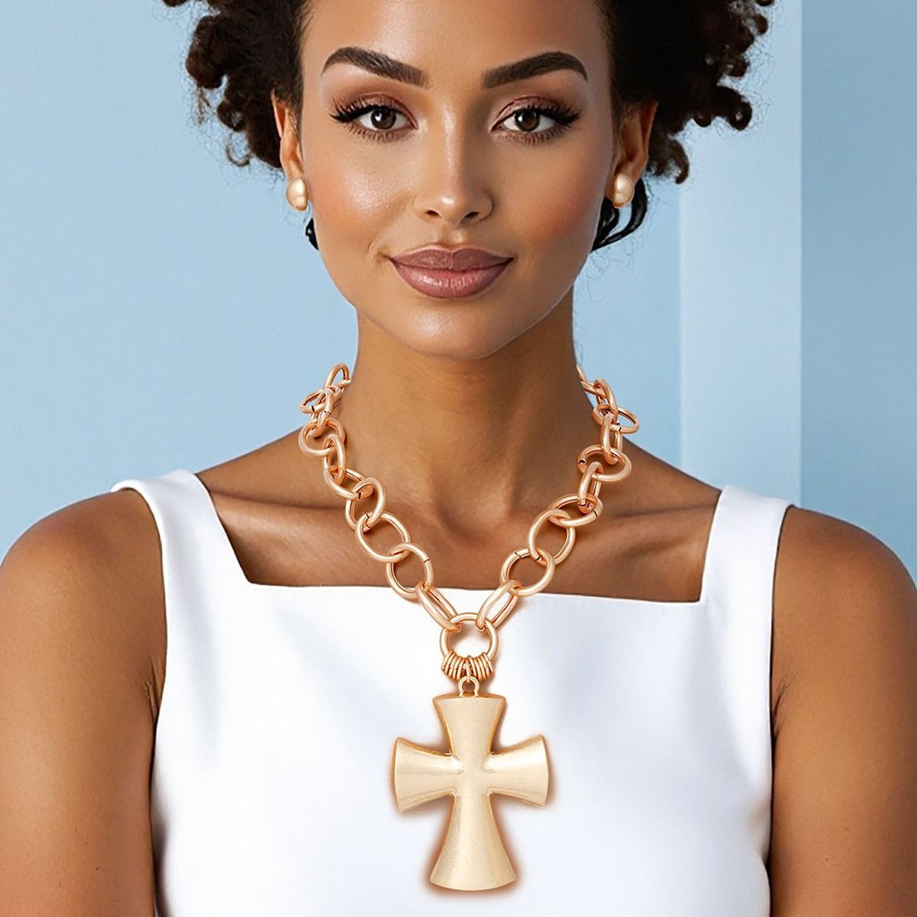 Chunky matte gold cross chain pendant necklace industrial luxe statement jewelry women