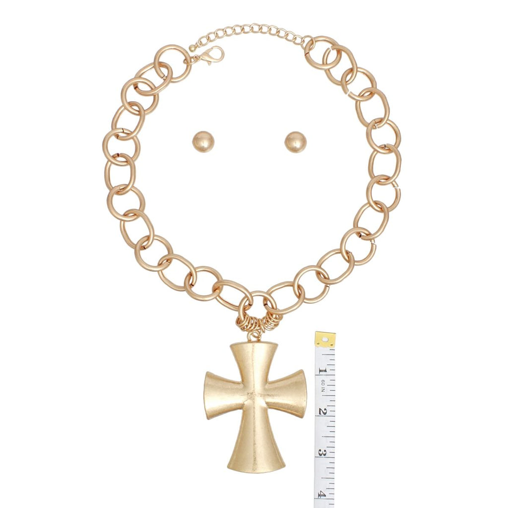 Matte gold cross chain necklace burnished round oval link chain detail close up