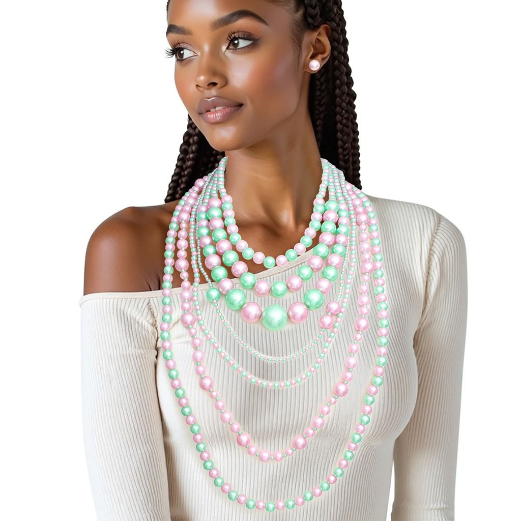 Pink green 7-strand pearl necklace layered acrylic pearl statement jewelry women