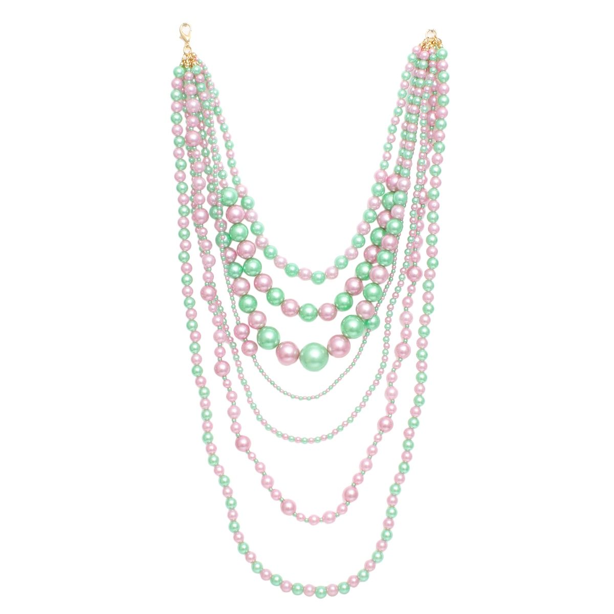 Pink green 7 strand pearl necklace strands detail close up layers