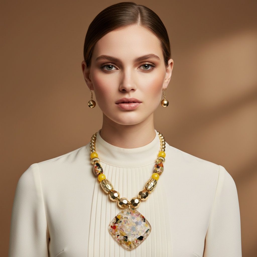 Pendant Confetti Resin Yellow Gold Bead Necklace