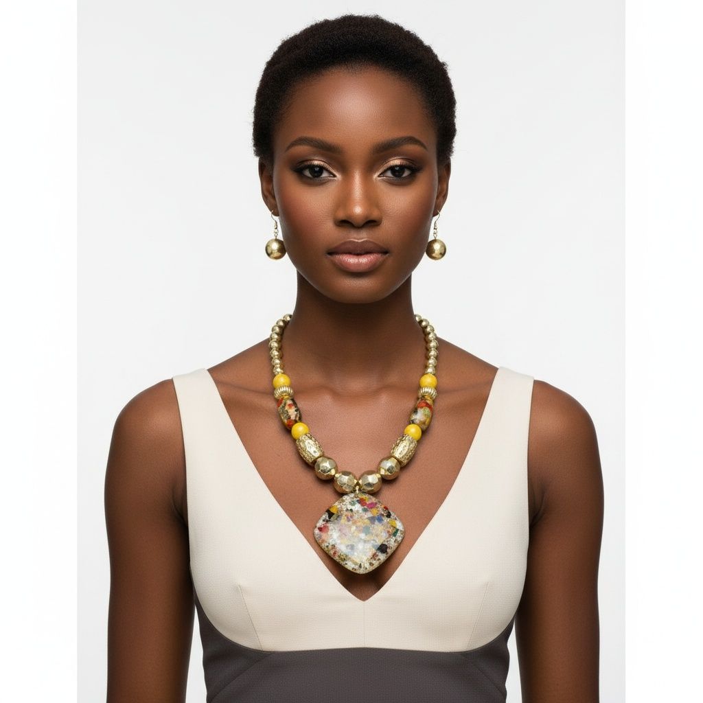 Pendant Confetti Resin Yellow Gold Bead Necklace