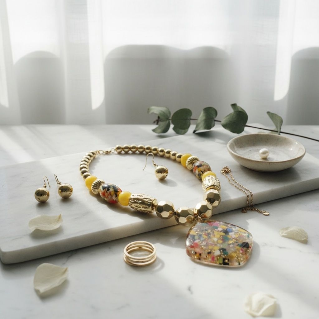 Pendant Confetti Resin Yellow Gold Bead Necklace