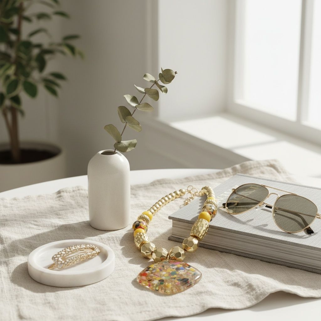 Pendant Confetti Resin Yellow Gold Bead Necklace