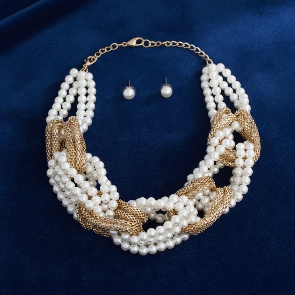 Cream Pearl and Gold Mesh Chain Knotted Necklace