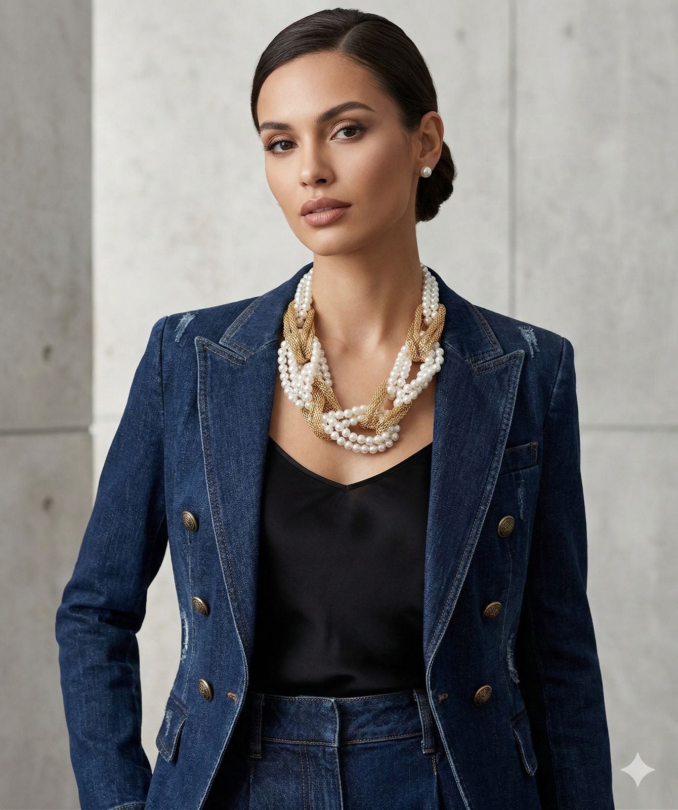 Cream Pearl and Gold Mesh Chain Knotted Necklace