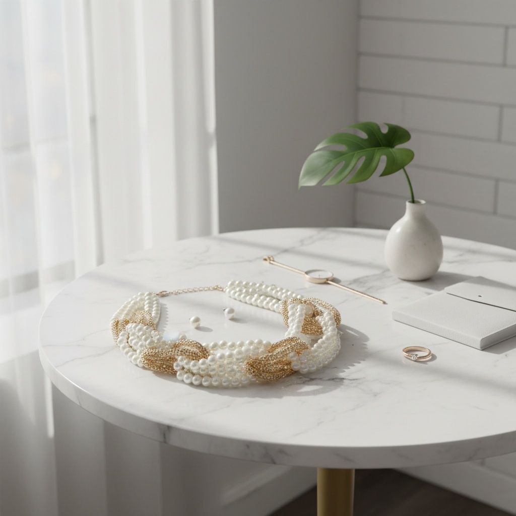 Cream Pearl and Gold Mesh Chain Knotted Necklace