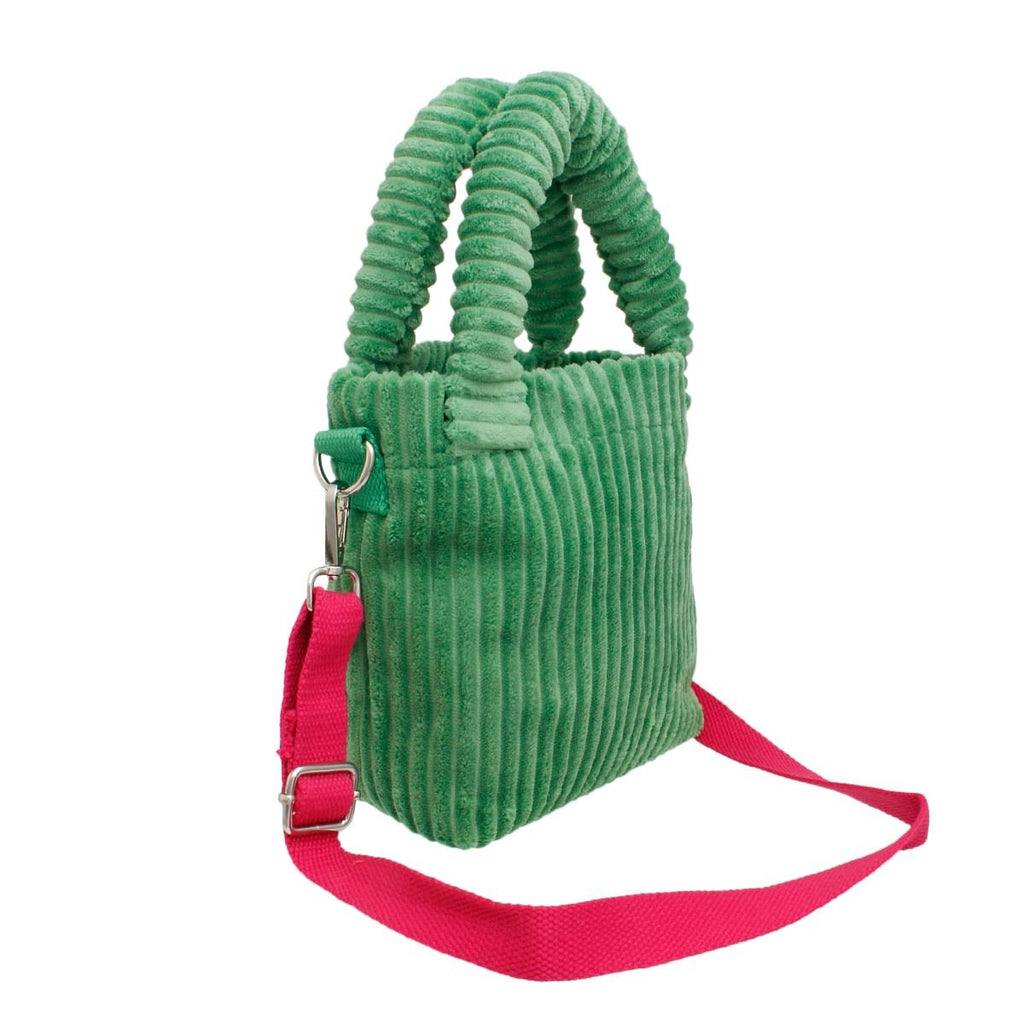 Green corduroy tote pink strap detail close up texture
