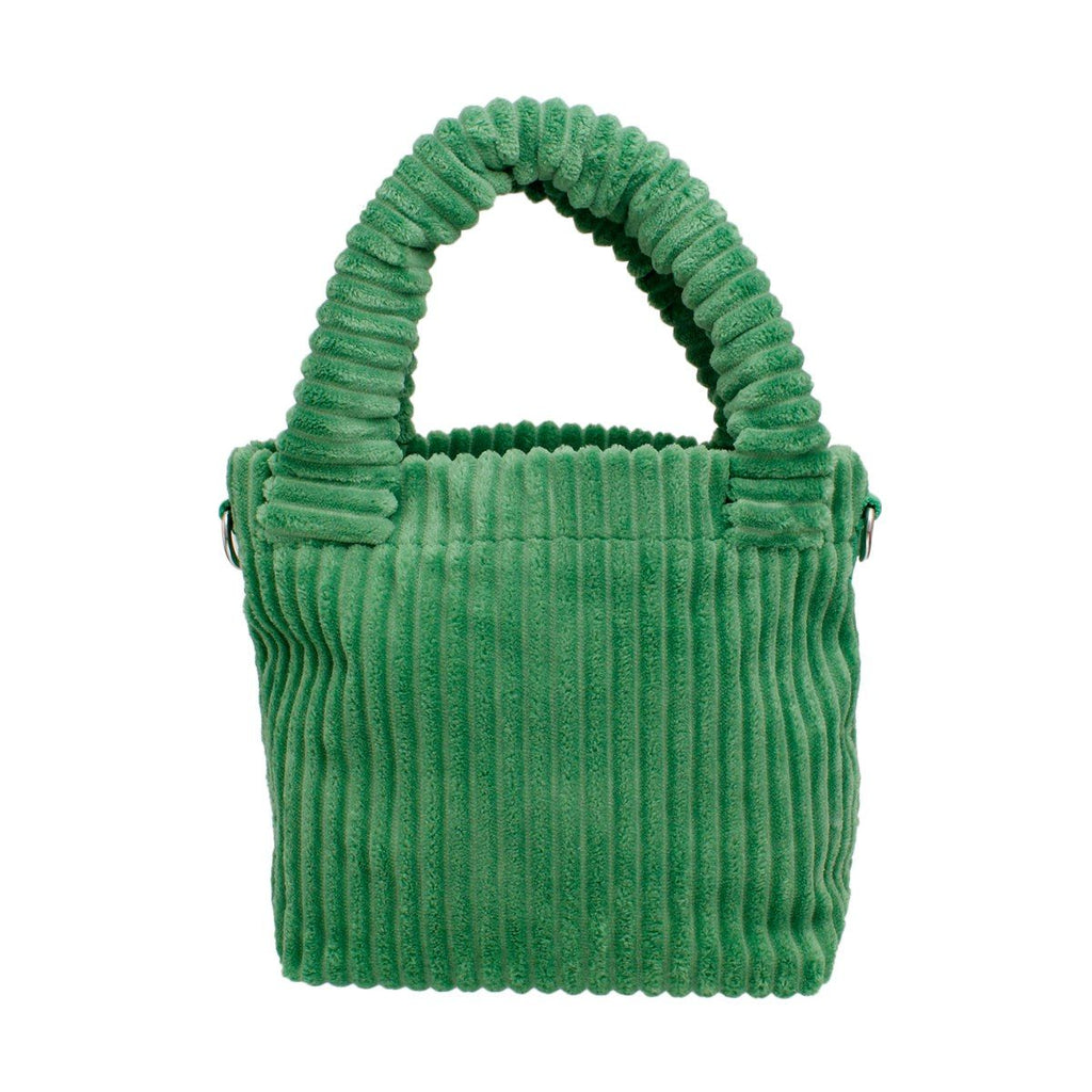Green corduroy small tote pink strap crossbody worn on shoulder women