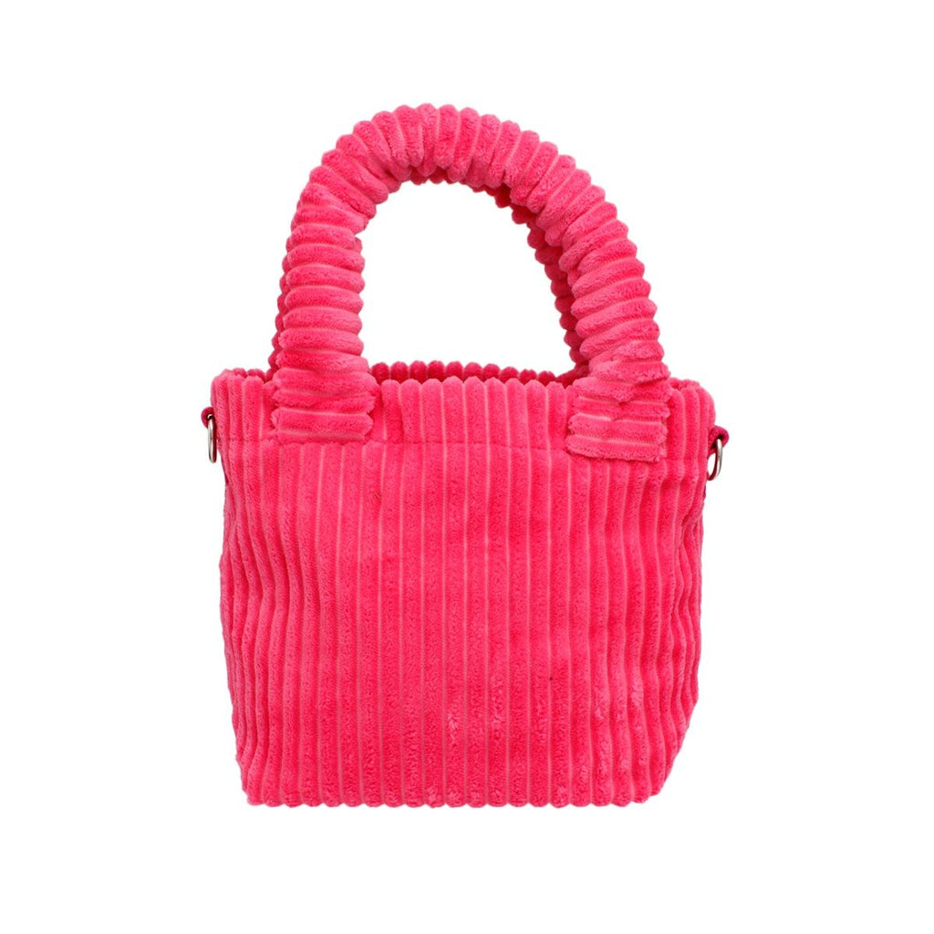 Pink corduroy small tote green strap crossbody purse worn on shoulder women