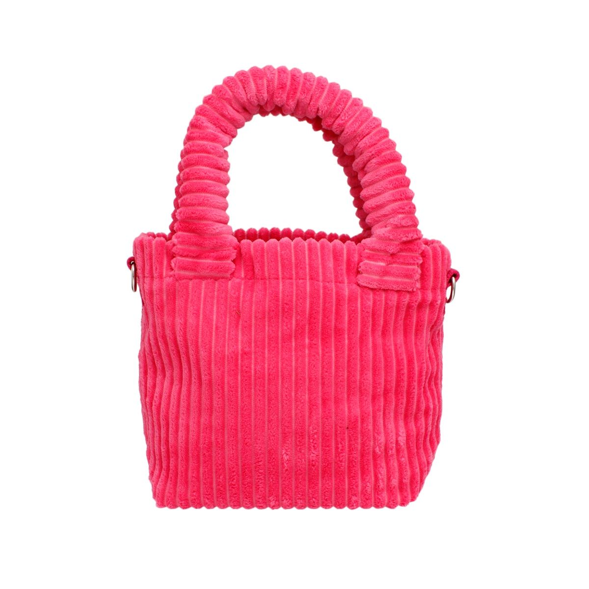 Pink corduroy small tote green strap crossbody purse worn on shoulder women