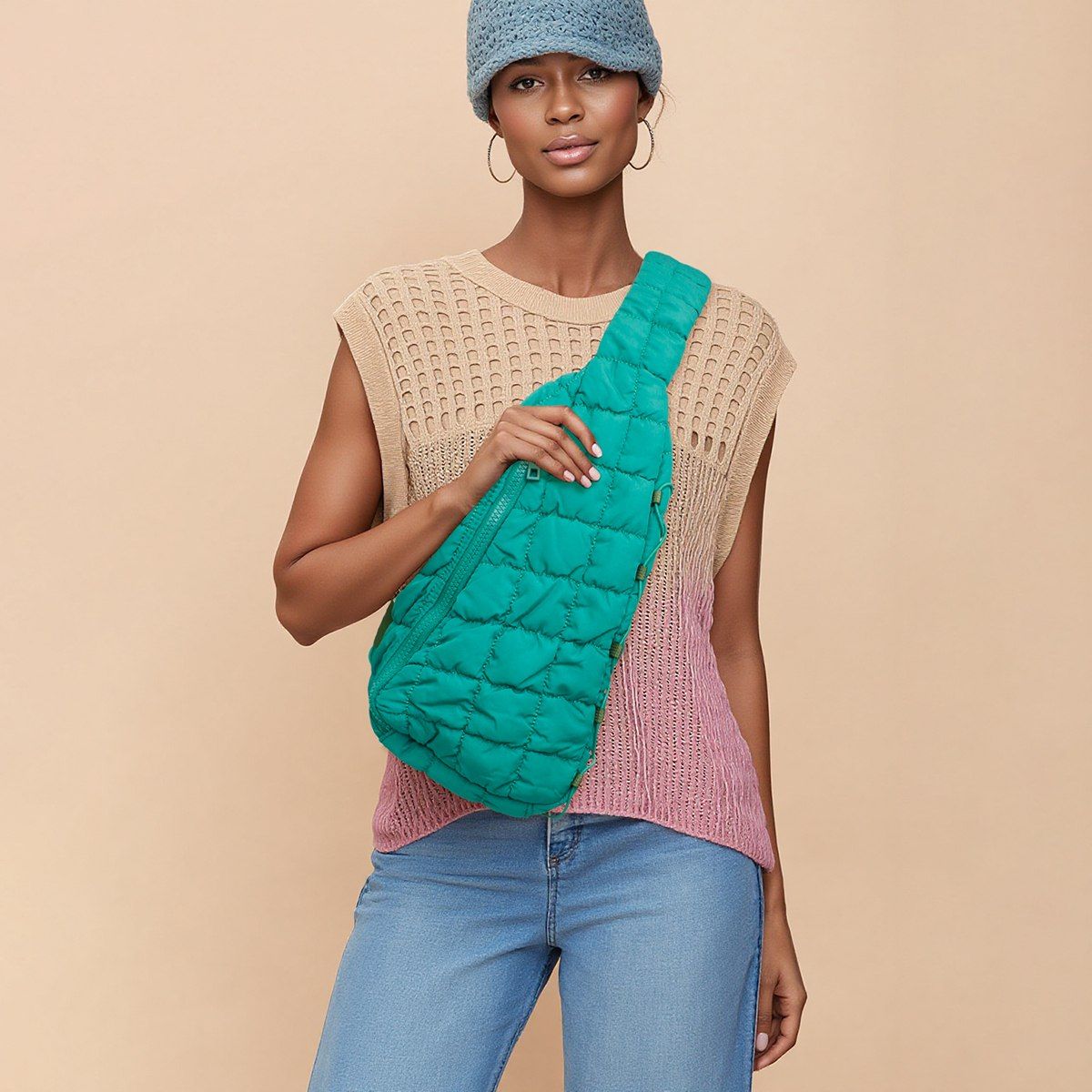 Green Quilted Sling Crossbody Bag for Women