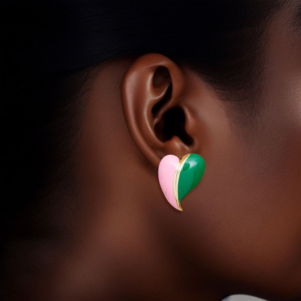 Pink green heart stud earrings 14K gold dipped hypoallergenic statement jewelry women